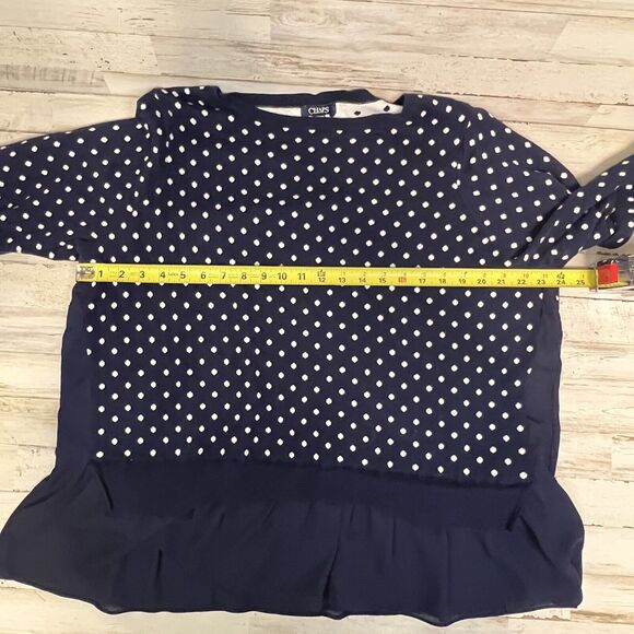 Chaps Sweater Women's 2X Blue White Polka Dot 3/4 Sleeve Ribbed Trim Crew Neck - Picture 6 of 7